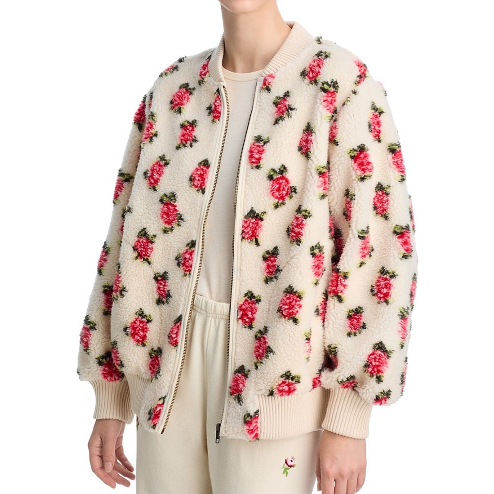 The Great. Floral Zip Front High Pile Fleece Bomber Jacket